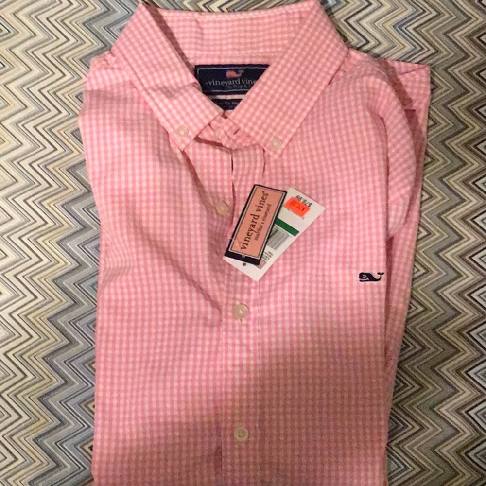 Vineyard Vines Men's Gingham Whale Button Down Checker Pink Shirt Slim Large NWT